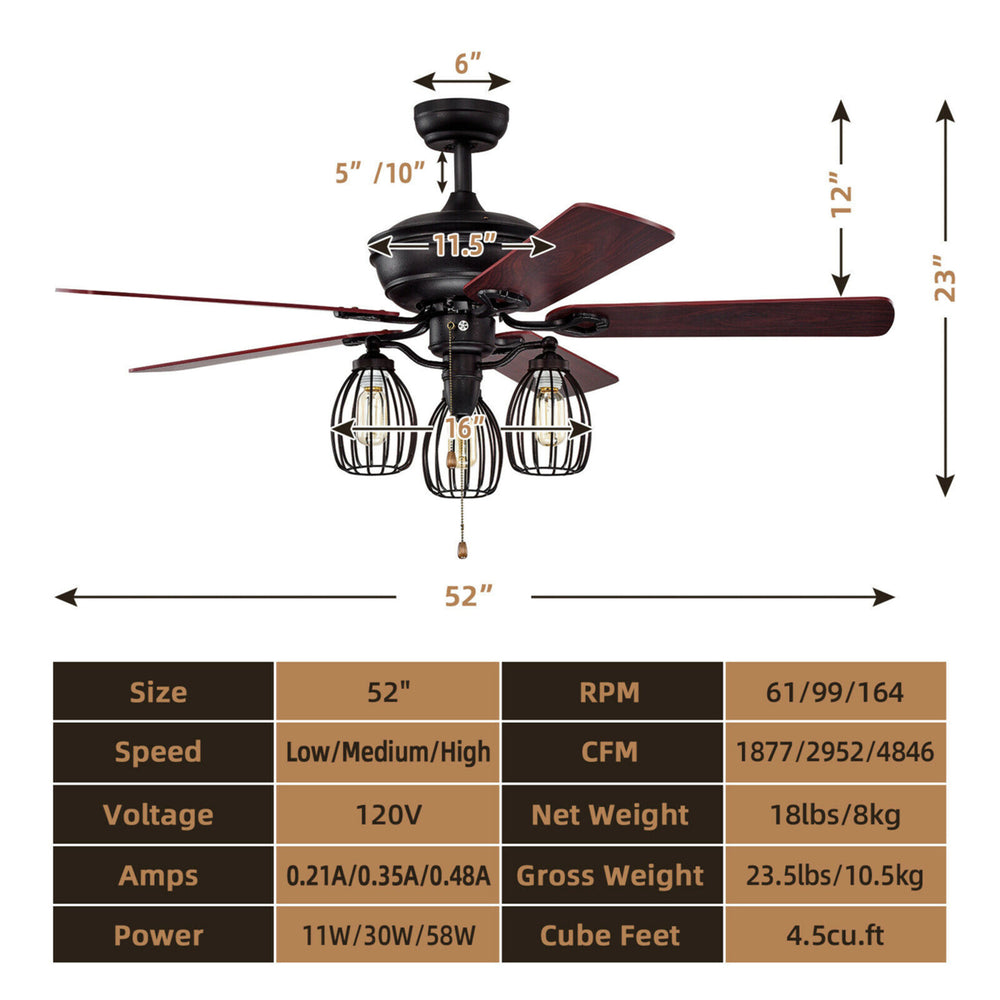 52 Ceiling Fan w/ Lights 5 Reversible Blades 3 Lights Retro Ceiling Fan Image 2