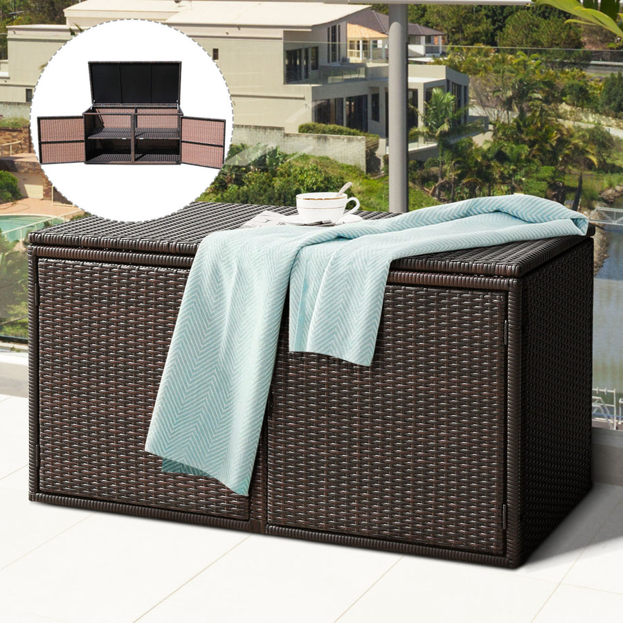 88 Gallon Rattan Storage Box Outdoor Patio Container Seat w/ Door Mix Brown Image 1