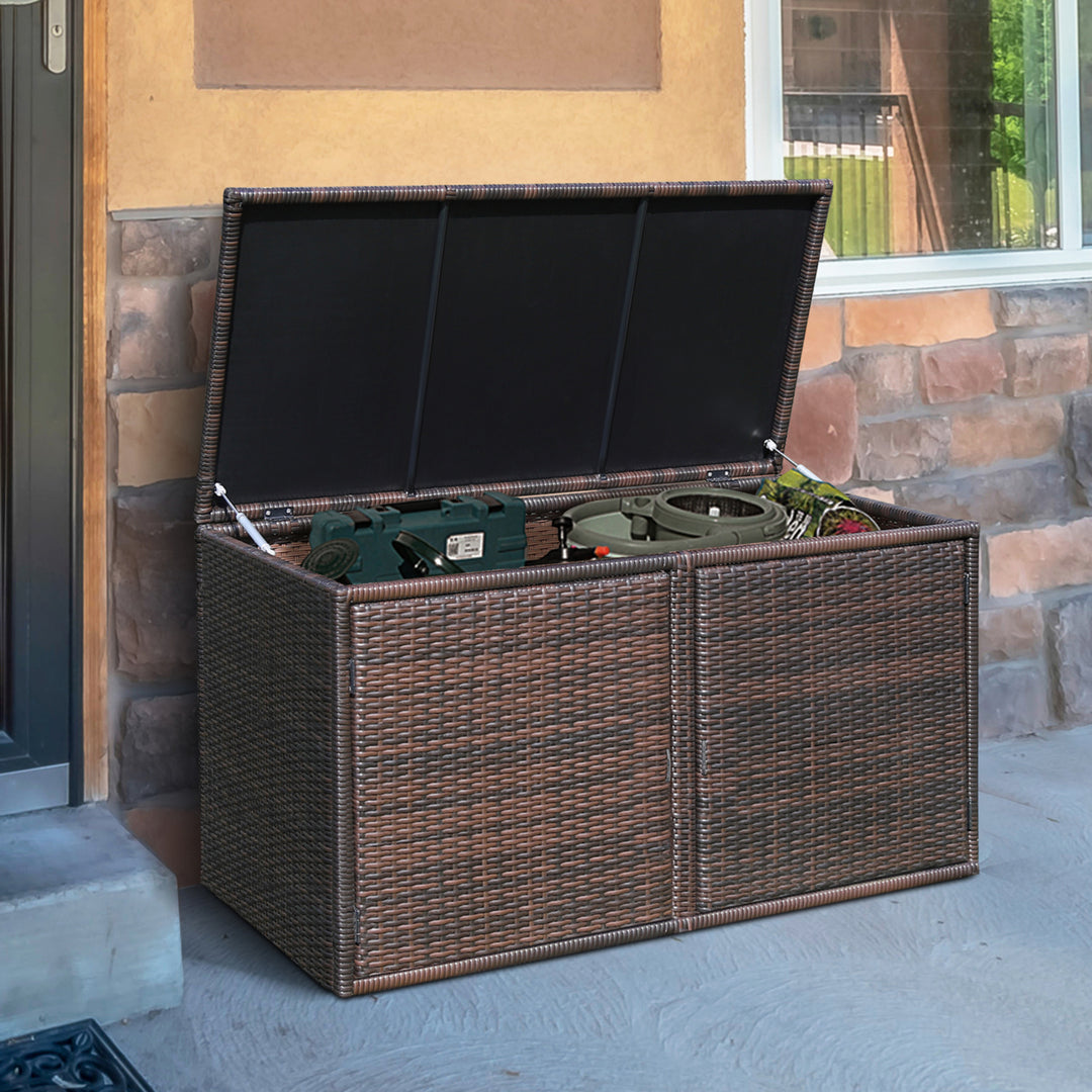 88 Gallon Rattan Storage Box Outdoor Patio Container Seat w/ Door Mix Brown Image 5