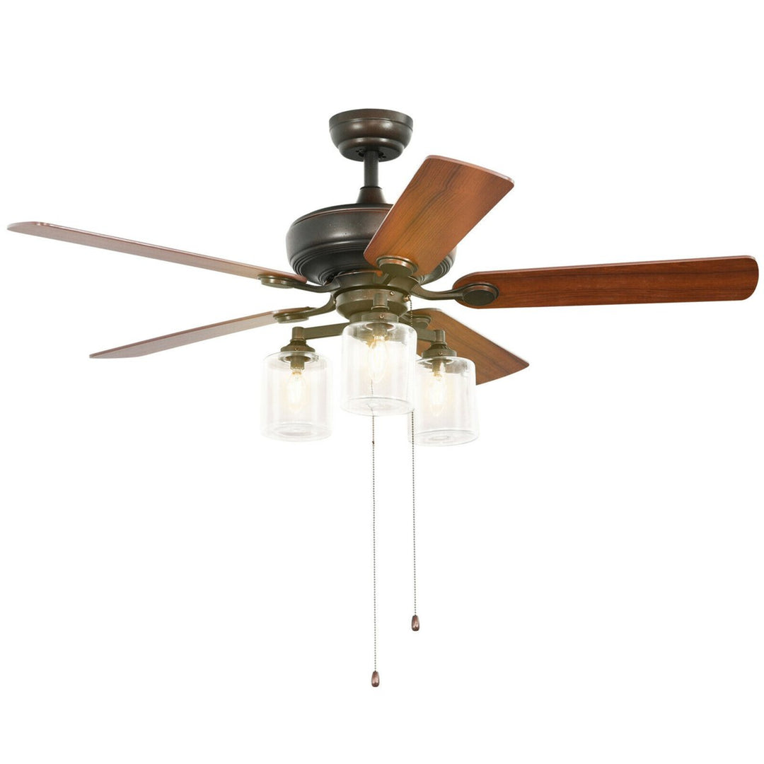 52 Ceiling Fan Light 5 Bronze Finished Reversible Blades w/Pull Chain Image 1