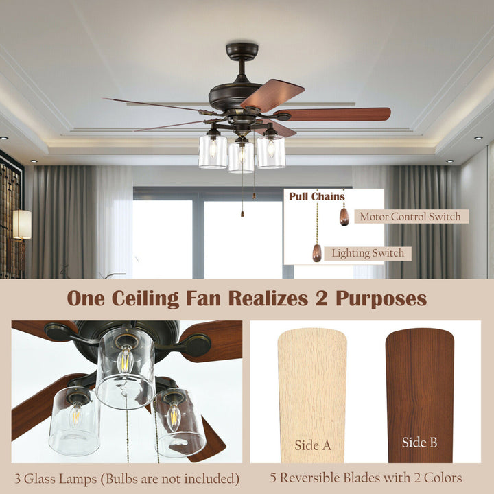 52 Ceiling Fan Light 5 Bronze Finished Reversible Blades w/Pull Chain Image 8