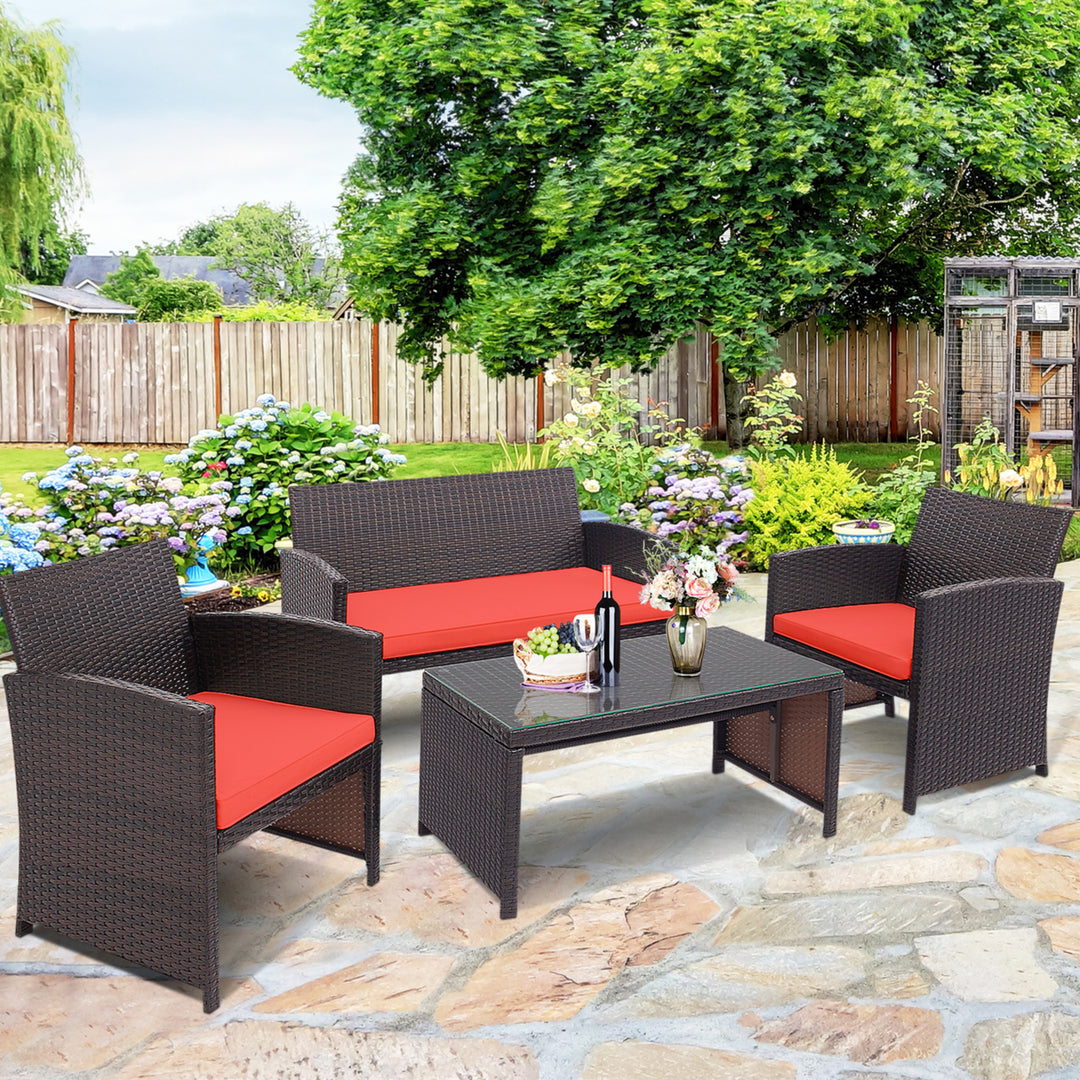 4PCS Patio Conversation Set Outdoor Rattan Furniture Set w/ Red Cushions Image 1