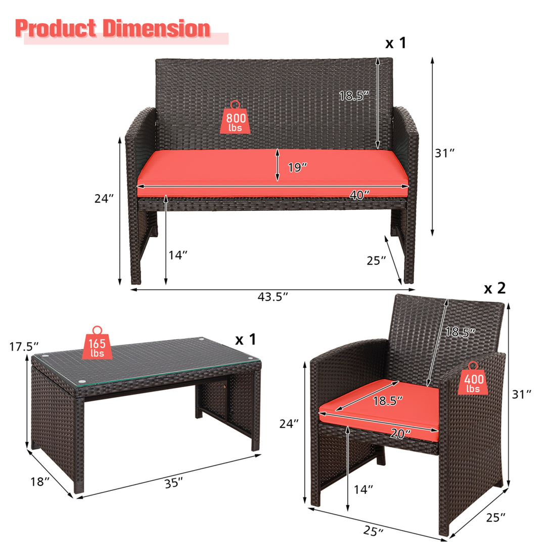 4PCS Patio Conversation Set Outdoor Rattan Furniture Set w/ Red Cushions Image 8