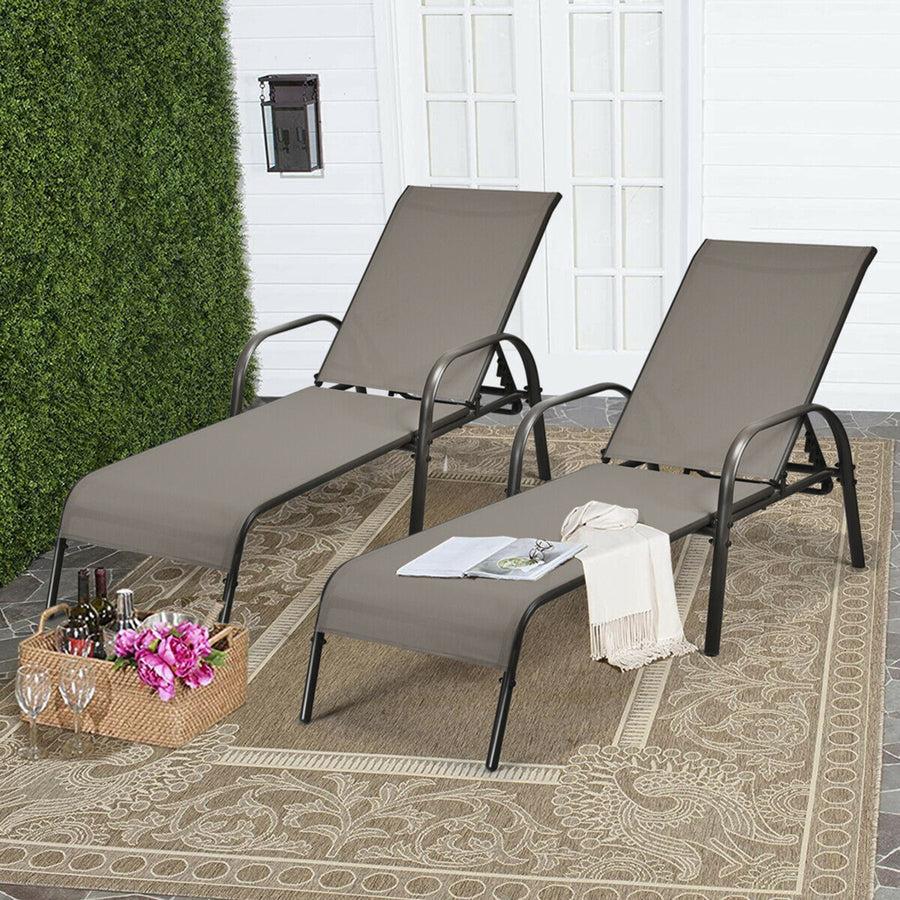 2PCS Adjustable Chaise Lounge Chair Recliner Patio Yard Outdoor w/ Armrest Brown Image 1