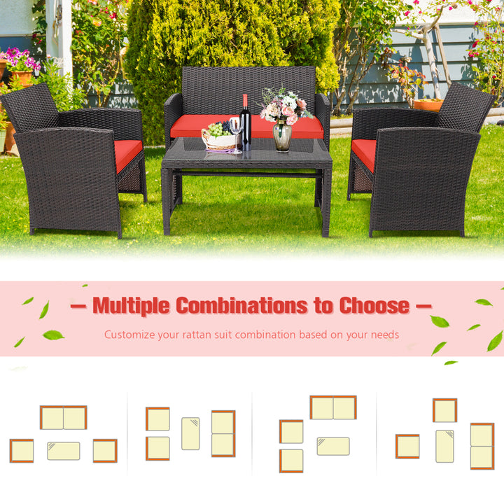 4PCS Patio Conversation Set Outdoor Rattan Furniture Set w/ Red Cushions Image 5