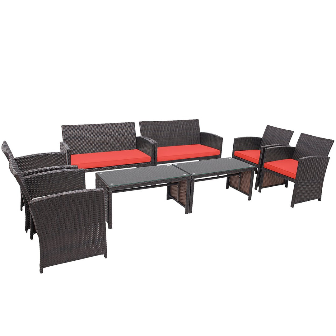 8PCS Patio Conversation Set Outdoor Rattan Furniture Set w/ Red Cushions Image 2