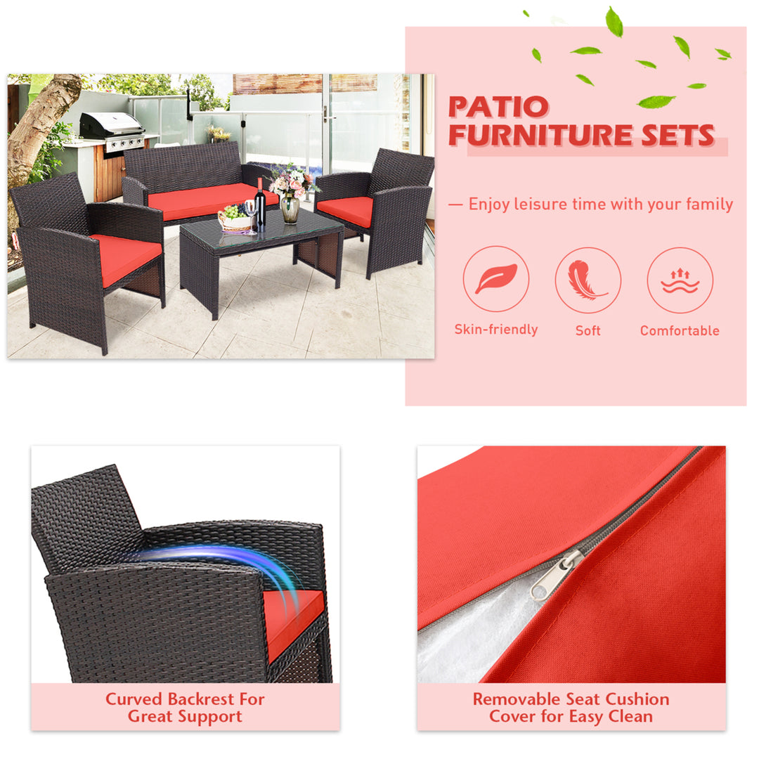 4PCS Patio Conversation Set Outdoor Rattan Furniture Set w/ Red Cushions Image 6