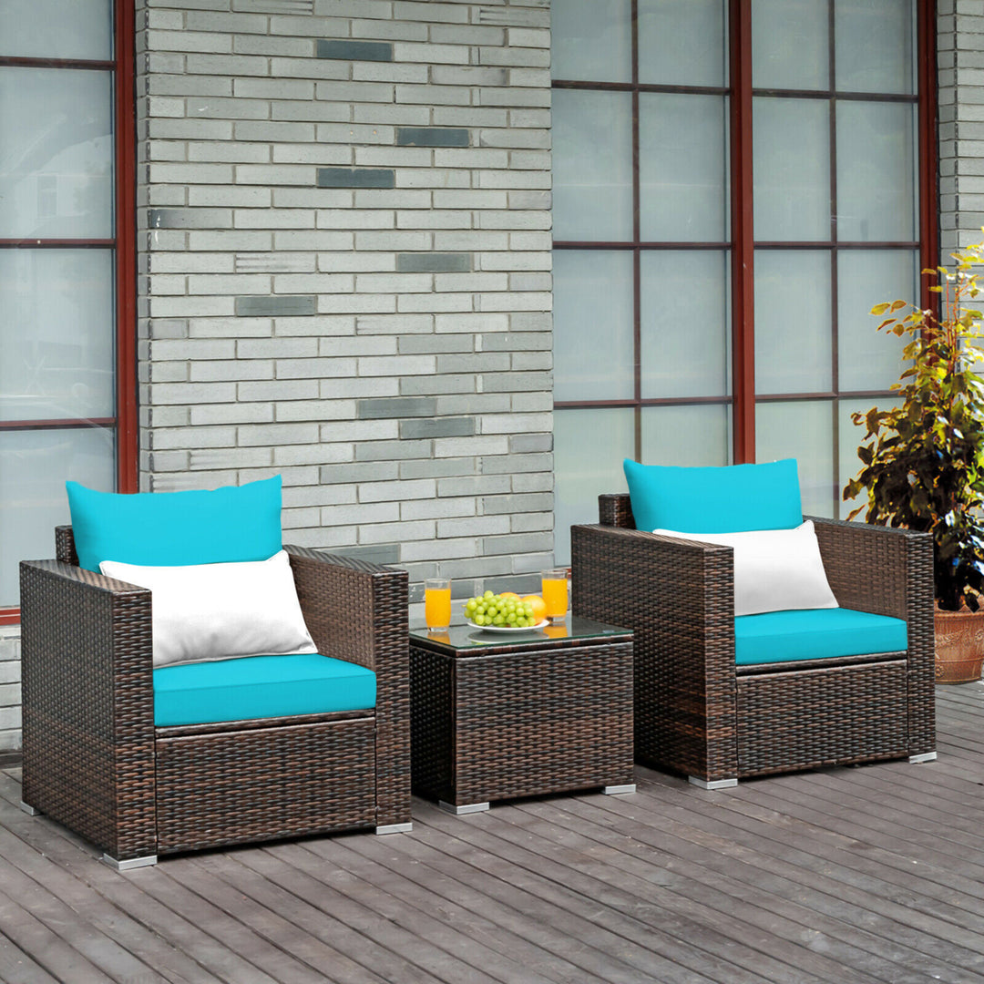 3PCS Rattan Patio Outdoor Conversation Furniture Set w/ Turquoise Cushions Image 1