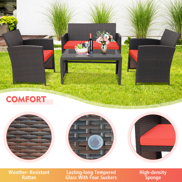 4PCS Patio Conversation Set Outdoor Rattan Furniture Set w/ Red Cushions Image 7