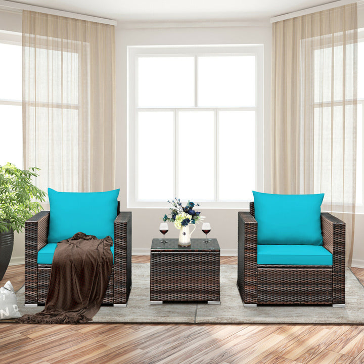 3PCS Rattan Patio Outdoor Conversation Furniture Set w/ Turquoise Cushions Image 10