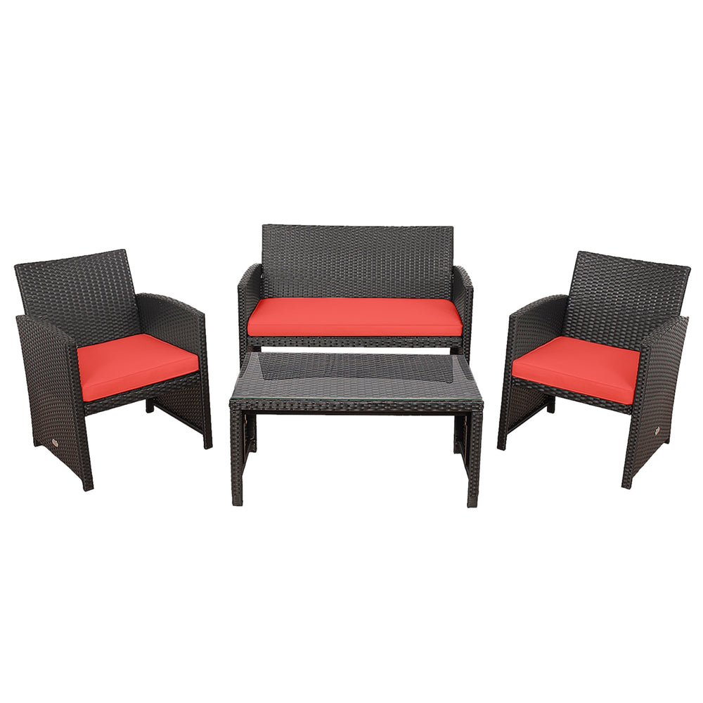 4PCS Patio Conversation Set Outdoor Rattan Furniture Set w/ Red Cushions Image 2