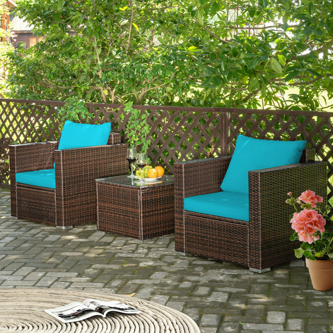 3PCS Rattan Patio Outdoor Conversation Furniture Set w/ Turquoise Cushions Image 4