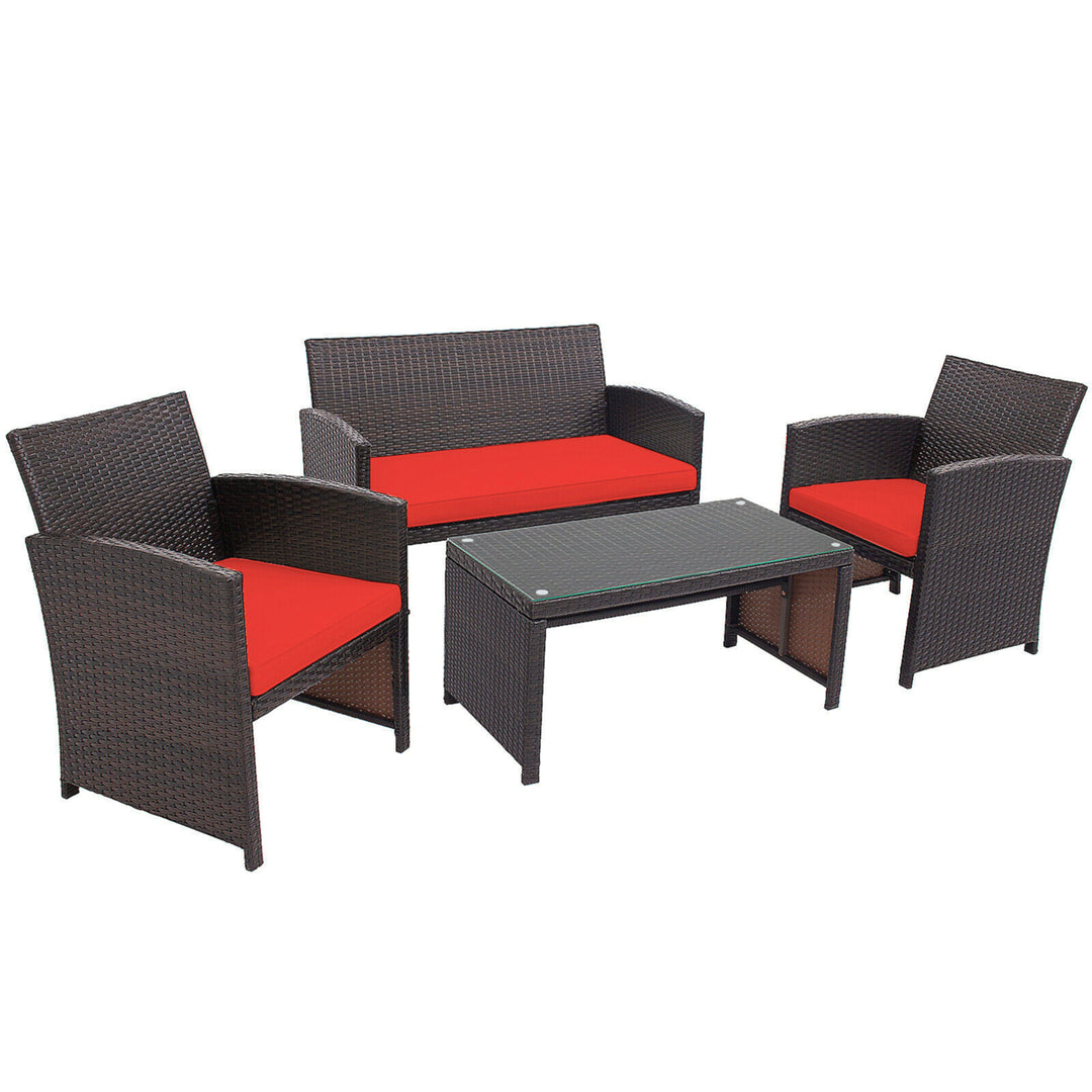 4PCS Patio Conversation Set Outdoor Rattan Furniture Set w/ Red Cushions Image 10