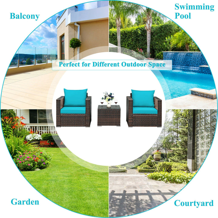 3PCS Rattan Patio Outdoor Conversation Furniture Set w/ Turquoise Cushions Image 5