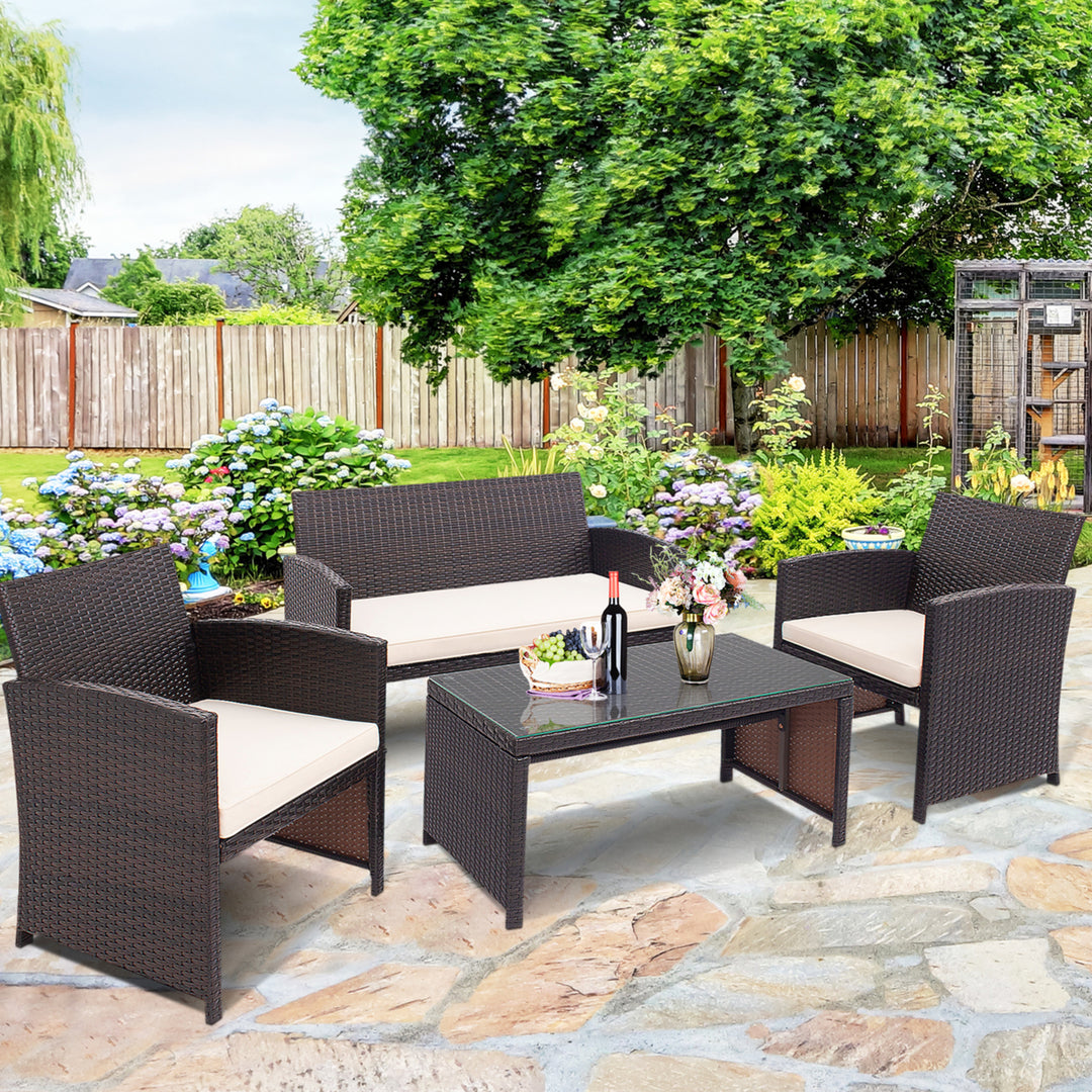 4PCS Patio Conversation Set Outdoor Rattan Furniture Set w/ White Cushions Image 1