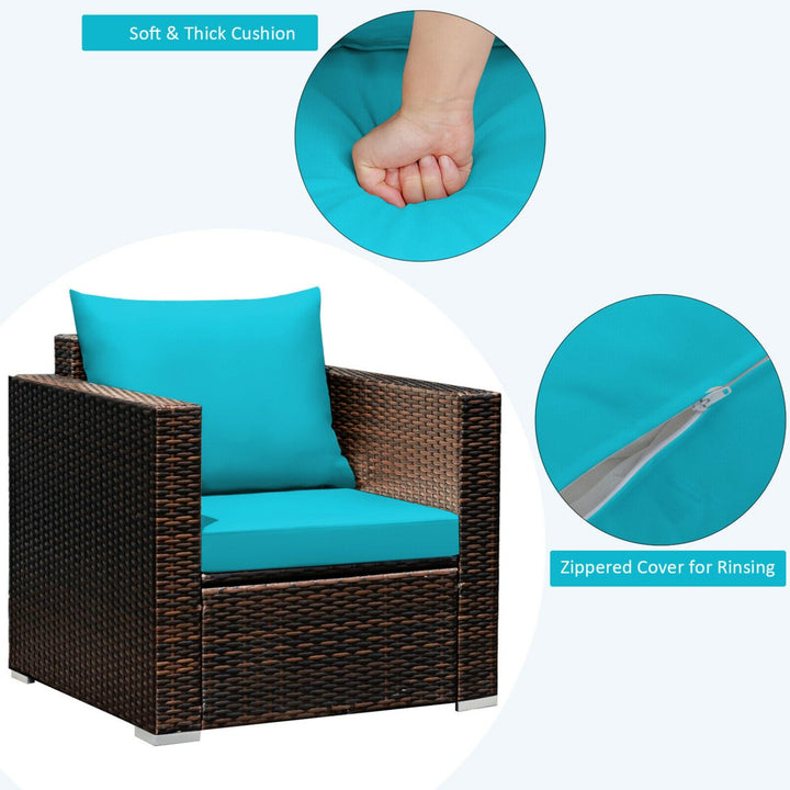 3PCS Rattan Patio Outdoor Conversation Furniture Set w/ Turquoise Cushions Image 6