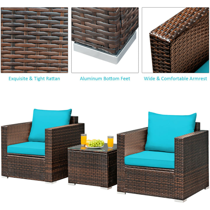 3PCS Rattan Patio Outdoor Conversation Furniture Set w/ Turquoise Cushions Image 7