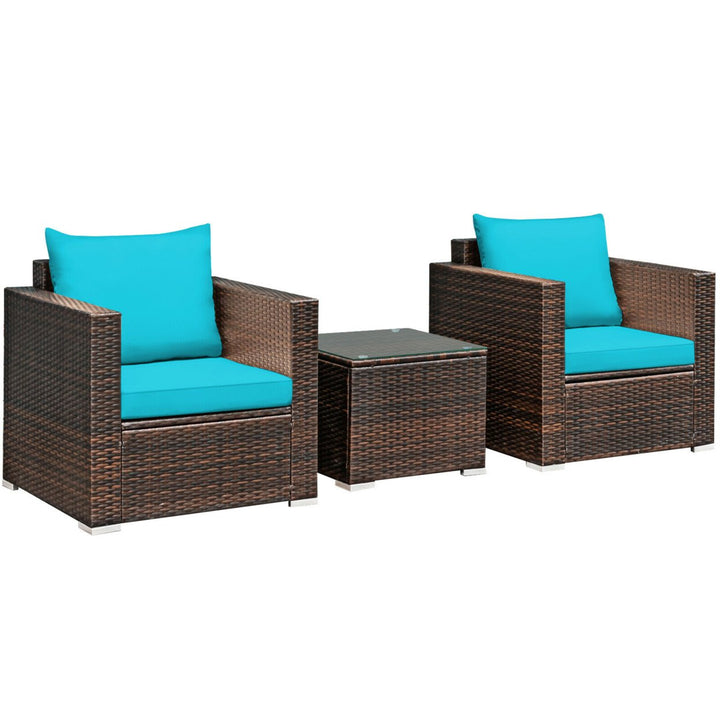 3PCS Rattan Patio Outdoor Conversation Furniture Set w/ Turquoise Cushions Image 9