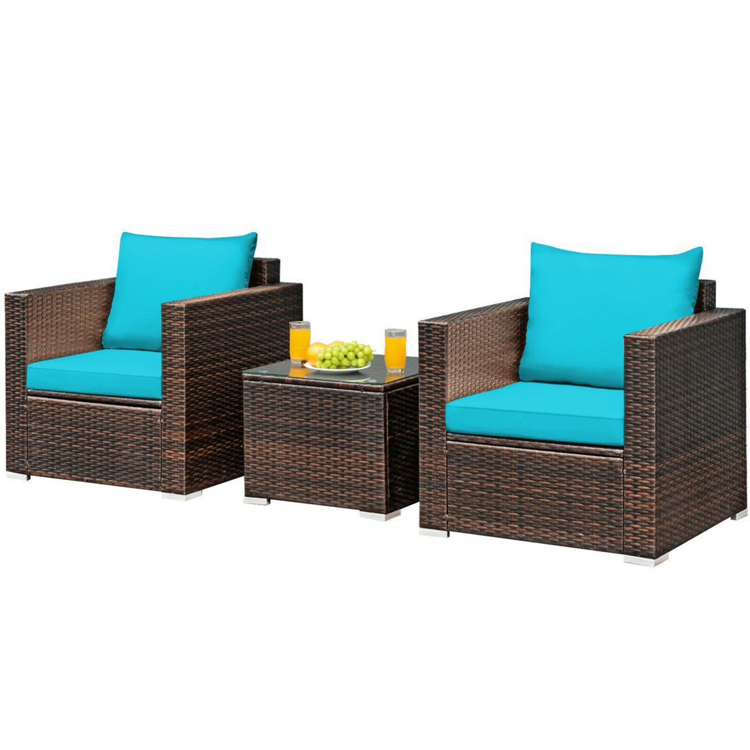 3PCS Rattan Patio Outdoor Conversation Furniture Set w/ Turquoise Cushions Image 2