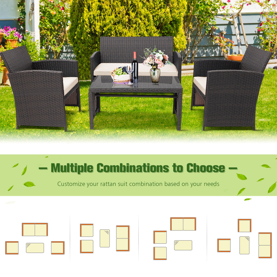 4PCS Patio Conversation Set Outdoor Rattan Furniture Set w/ White Cushions Image 5