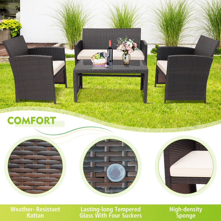 4PCS Patio Conversation Set Outdoor Rattan Furniture Set w/ White Cushions Image 7