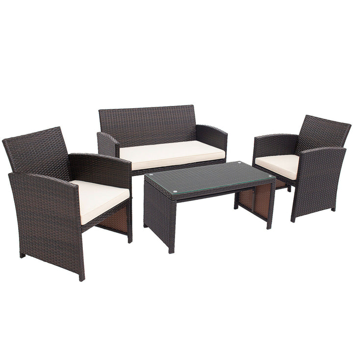 4PCS Patio Conversation Set Outdoor Rattan Furniture Set w/ White Cushions Image 10