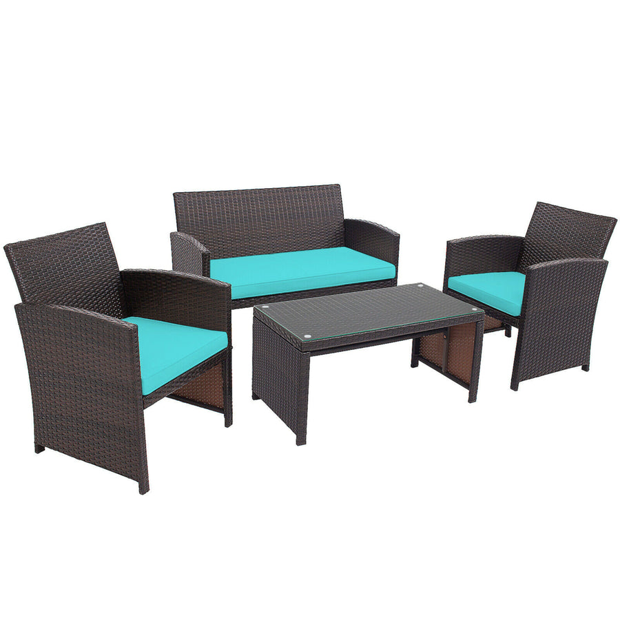 4PCS Patio Conversation Set Outdoor Rattan Furniture Set w/ Turquoise Cushions Image 1