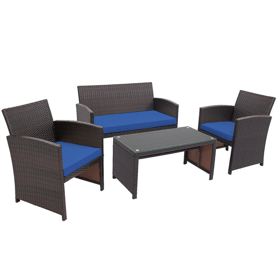 4PCS Patio Conversation Set Outdoor Rattan Furniture Set w/ Navy Cushions Image 1