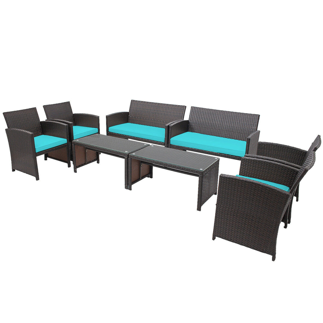 8PCS Patio Conversation Set Outdoor Rattan Furniture Set w/ Turquoise Cushions Image 1