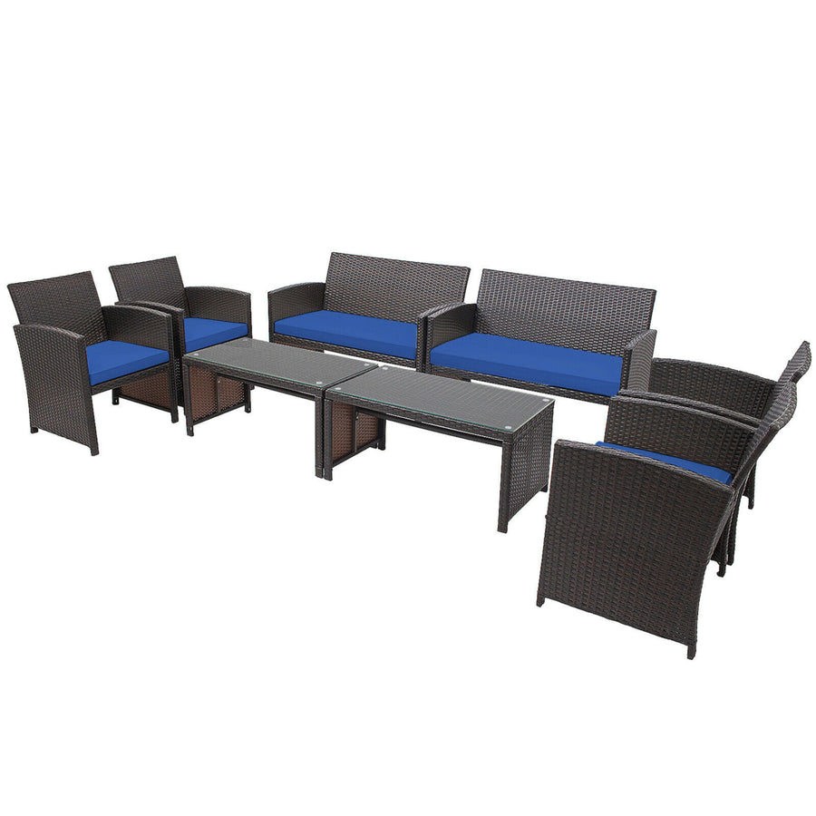 8PCS Patio Conversation Set Outdoor Rattan Furniture Set w/ Navy Cushions Image 1