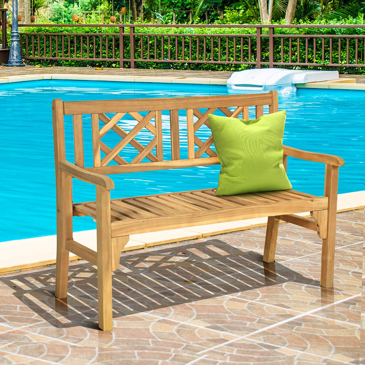 Patio Outdoor Solid Wood Bench Folding Loveseat Chair Park Garden Deck Furniture Image 5