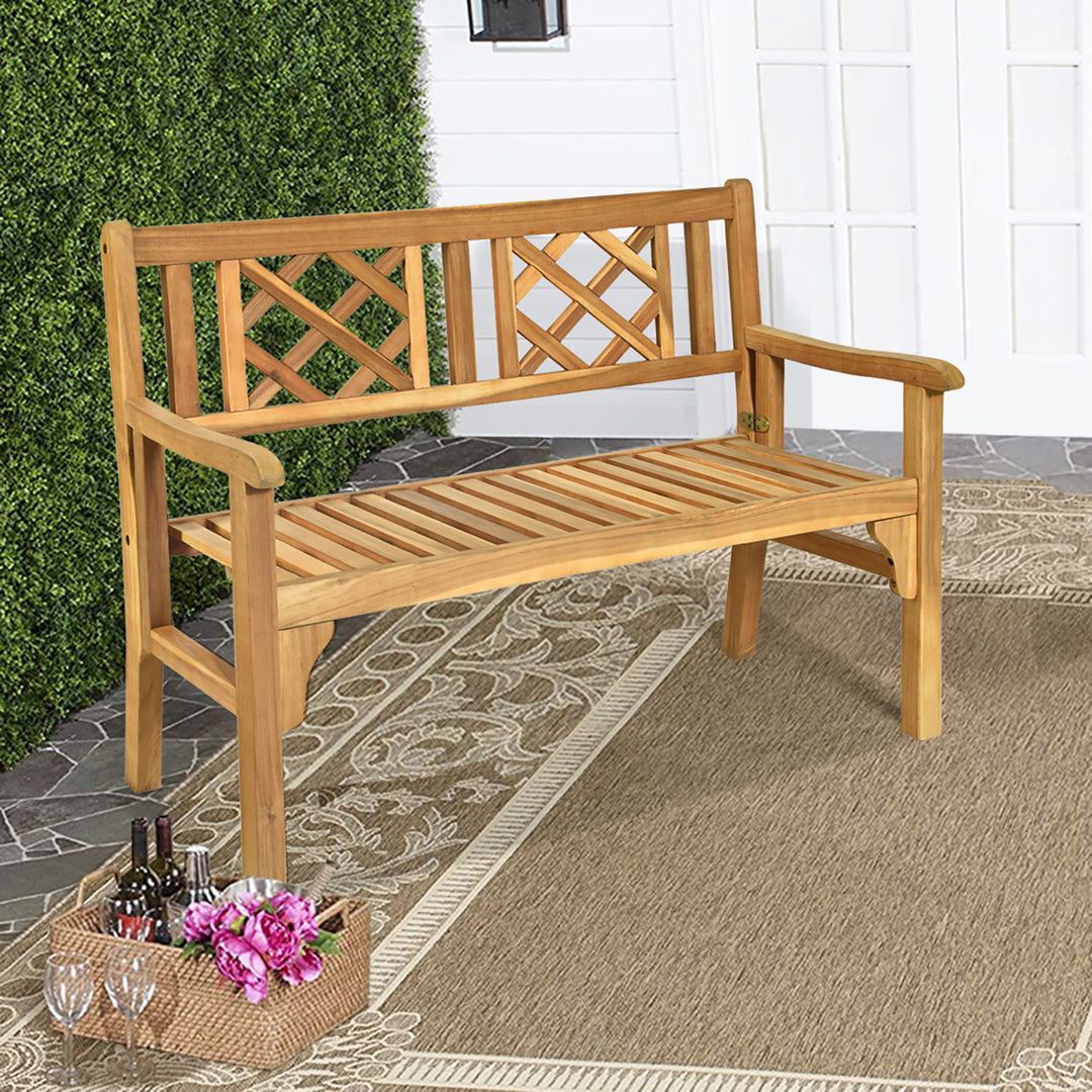 Patio Outdoor Solid Wood Bench Folding Loveseat Chair Park Garden Deck Furniture Image 6