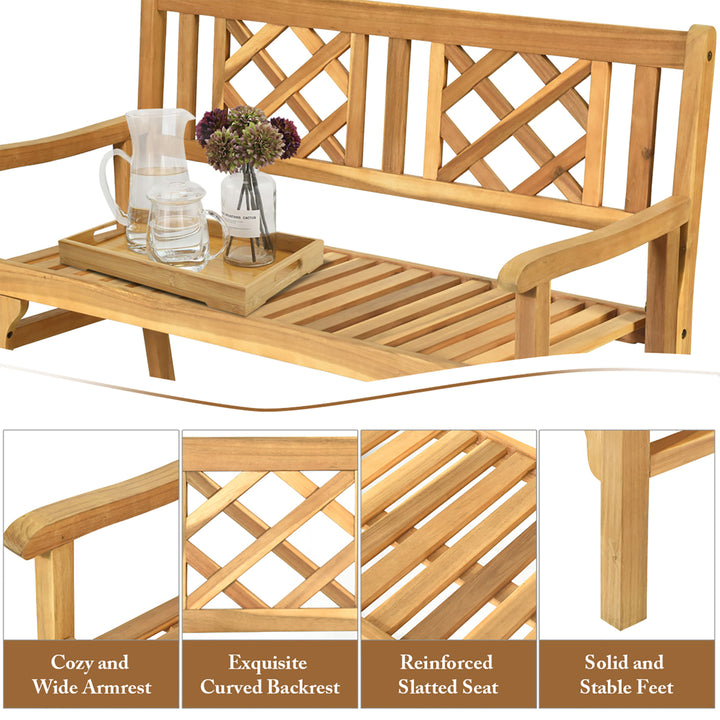 Patio Outdoor Solid Wood Bench Folding Loveseat Chair Park Garden Deck Furniture Image 9