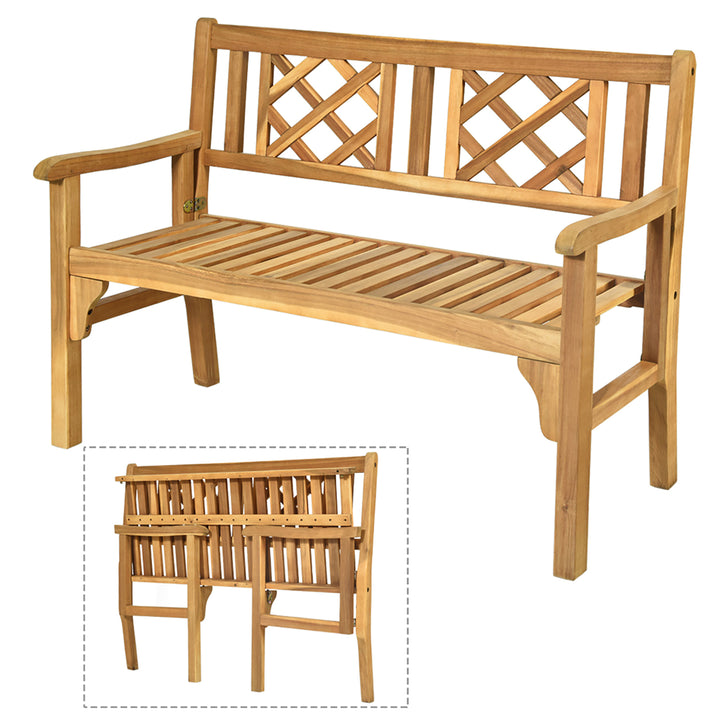 Patio Outdoor Solid Wood Bench Folding Loveseat Chair Park Garden Deck Furniture Image 10