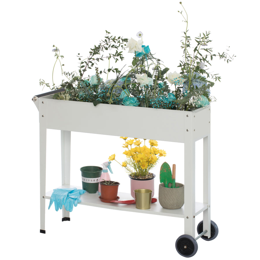 Mobile Planter Raised Garden Bed Rectangular Flower Cart with Shelf Image 1