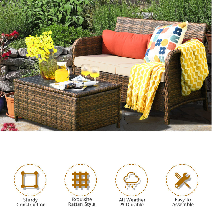 2PCS Outdoor Rattan Loveseat and Table Set Patio Furniture Set w/ Cushions Image 4