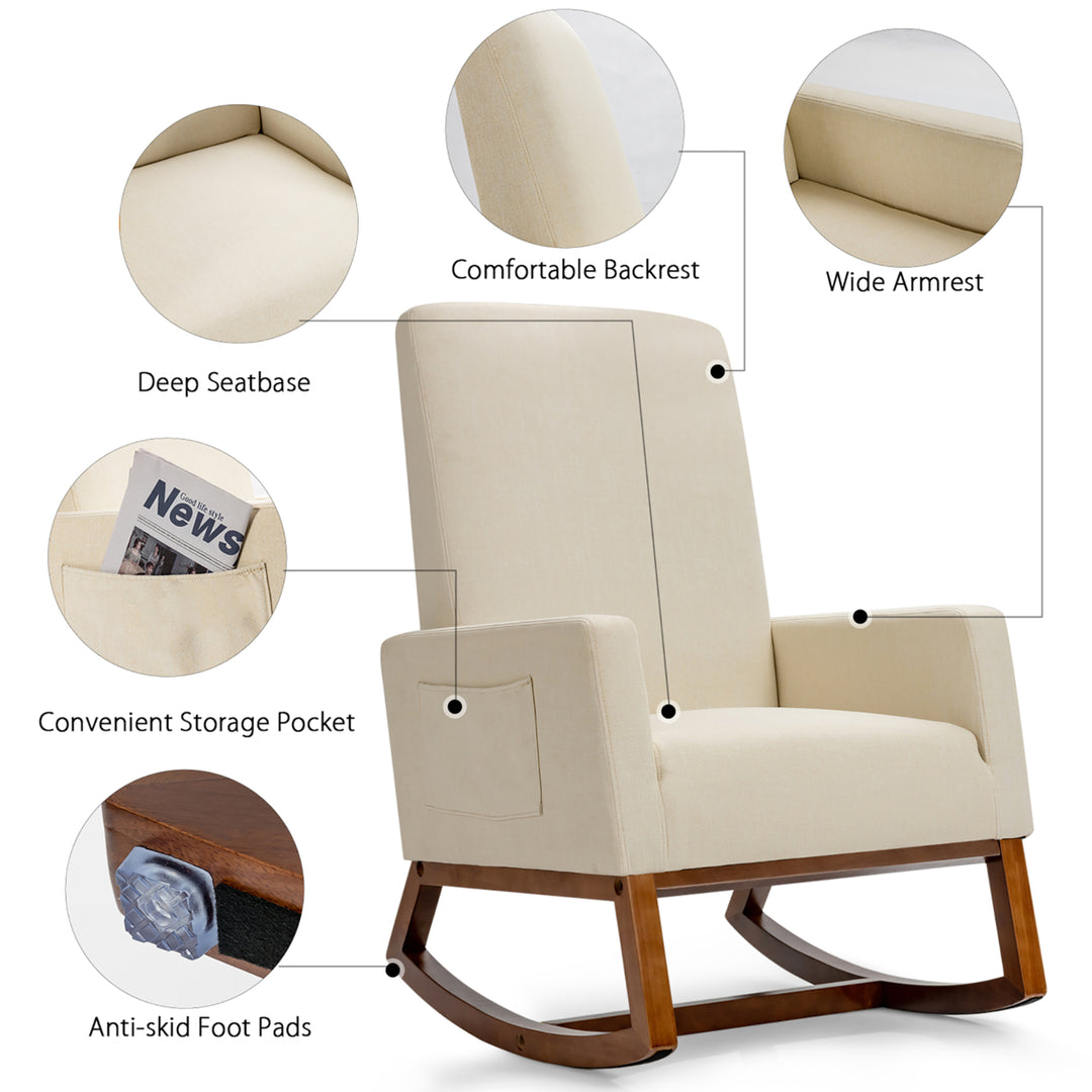 Mid Century Retro Fabric Upholstered Rocking Chair Modern Armchair Beige Image 8