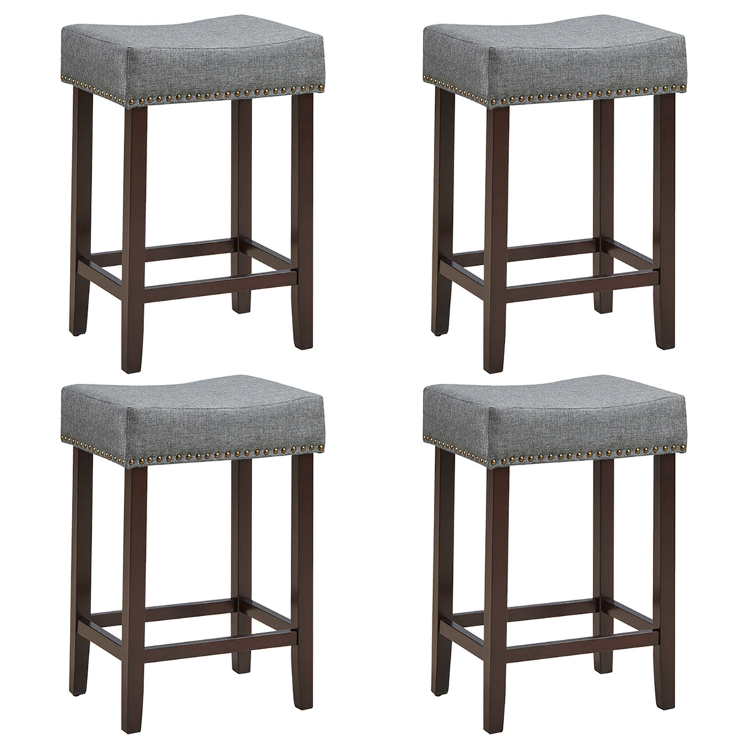 Set of 4 Rubber Wood Nailhead Saddle Bar Stools 24 Height W/ Fabric Seat and Wood Legs Beige\Gray Image 1