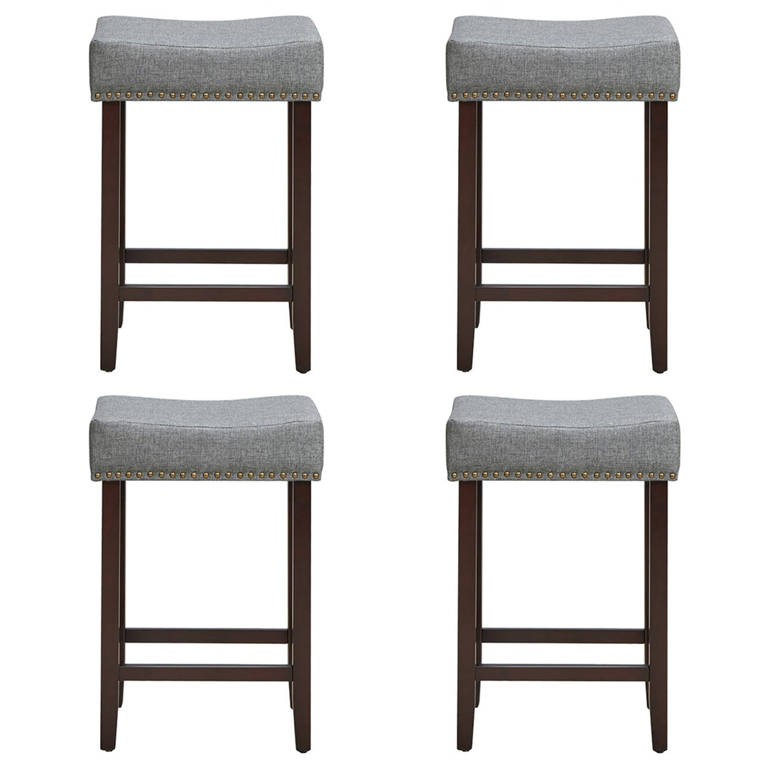 Set of 4 Rubber Wood Nailhead Saddle Bar Stools 24 Height W/ Fabric Seat and Wood Legs Beige\Gray Image 7