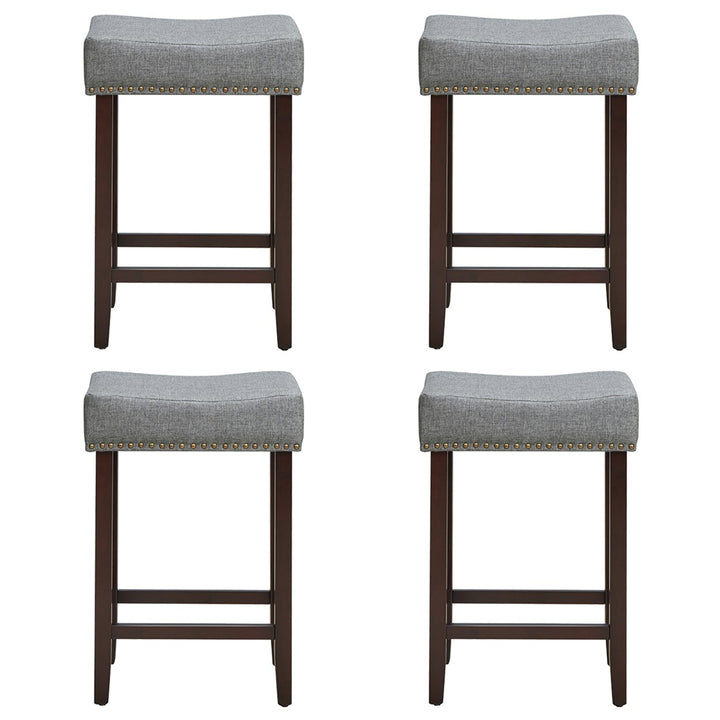 Set of 4 Rubber Wood Nailhead Saddle Bar Stools 24 Height W/ Fabric Seat and Wood Legs Beige\Gray Image 7