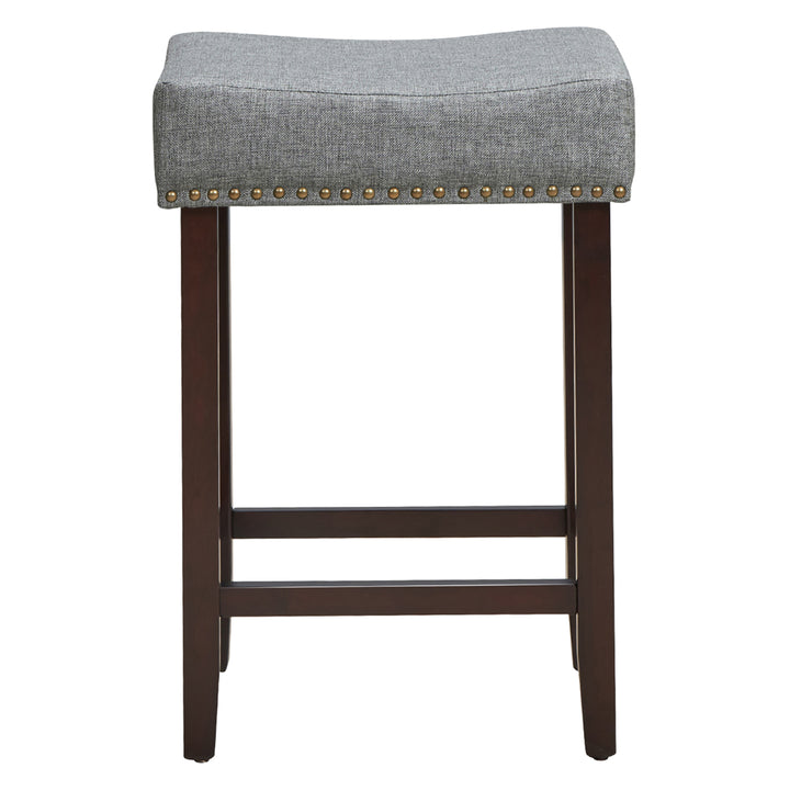 Set of 4 Rubber Wood Nailhead Saddle Bar Stools 24 Height W/ Fabric Seat and Wood Legs Beige\Gray Image 8