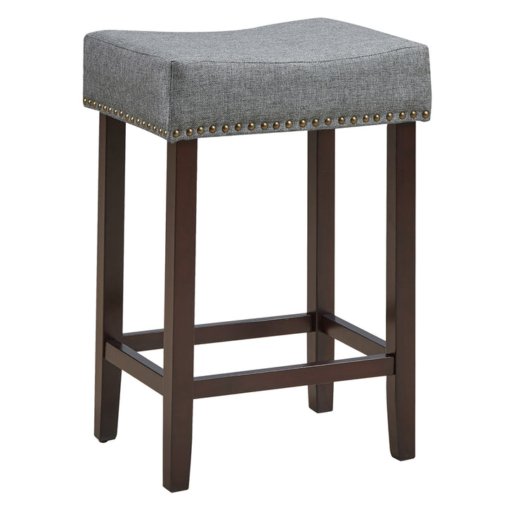 Set of 4 Rubber Wood Nailhead Saddle Bar Stools 24 Height W/ Fabric Seat and Wood Legs Beige\Gray Image 9