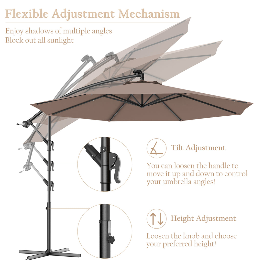 10 Hanging Solar LED Umbrella Patio Sun Shade Offset Market W/Base Tan Image 6