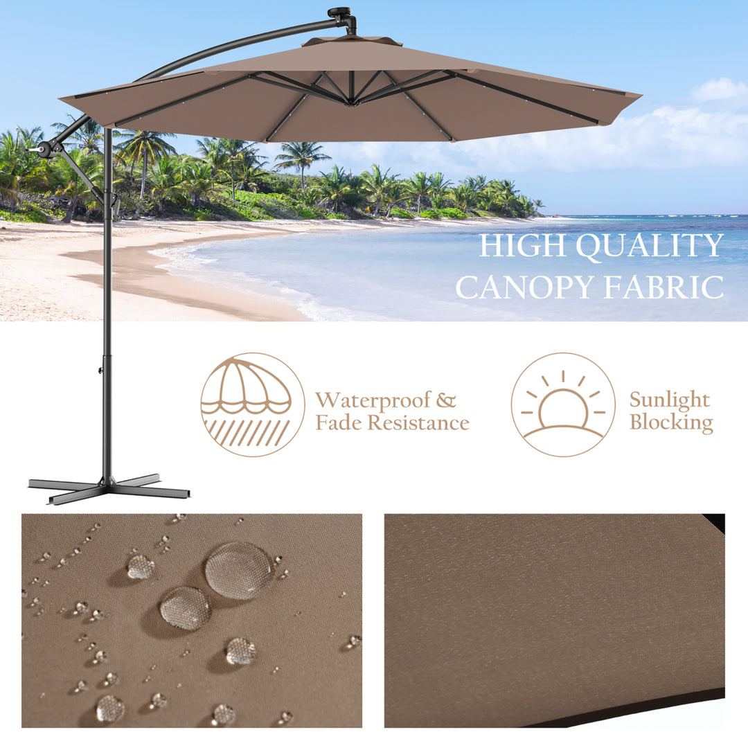 10 Hanging Solar LED Umbrella Patio Sun Shade Offset Market W/Base Tan Image 8