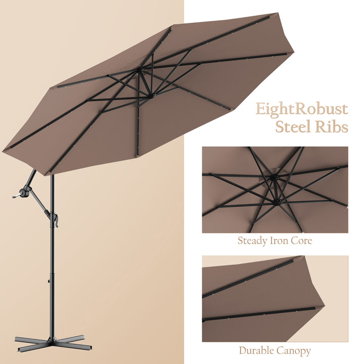 10 Hanging Solar LED Umbrella Patio Sun Shade Offset Market W/Base Tan Image 9