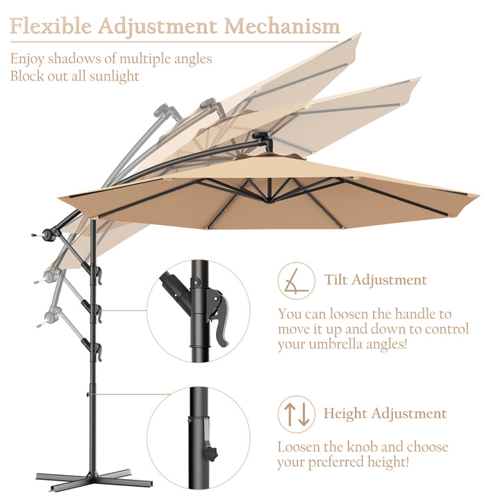 10 Hanging Solar LED Umbrella Patio Sun Shade Offset Market W/Base Beige Image 6