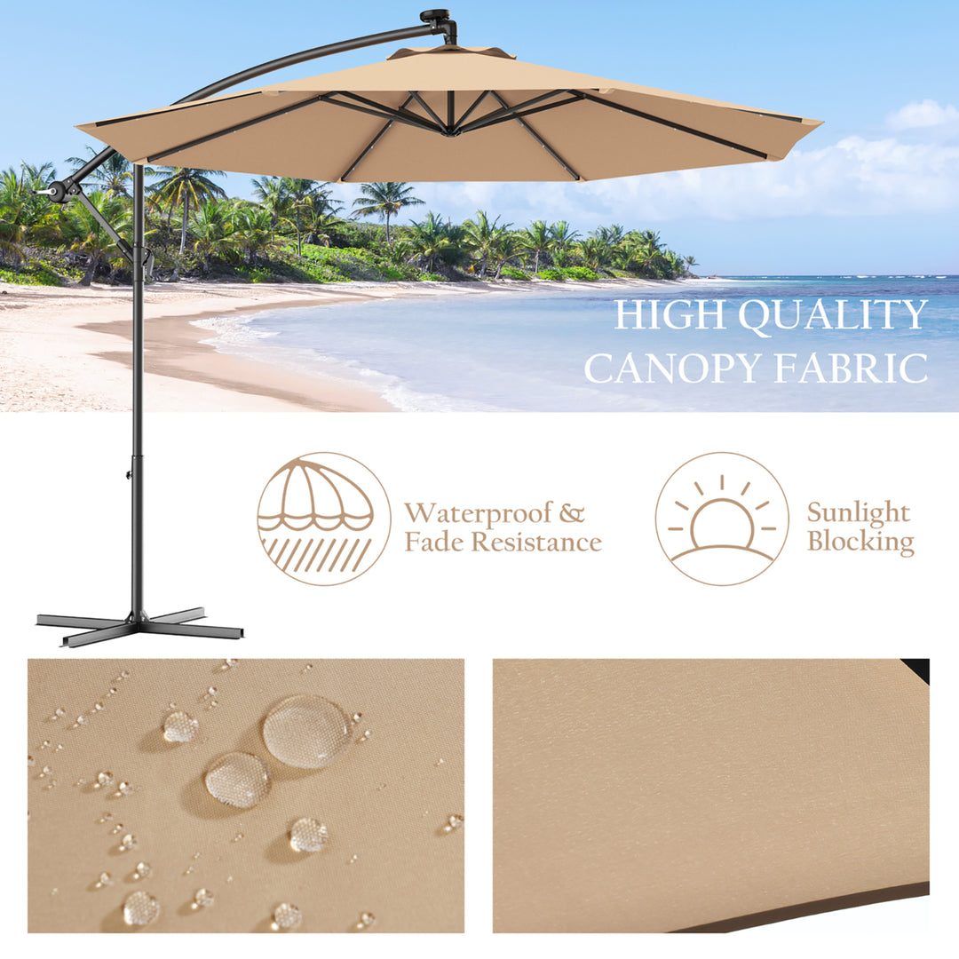 10 Hanging Solar LED Umbrella Patio Sun Shade Offset Market W/Base Beige Image 8