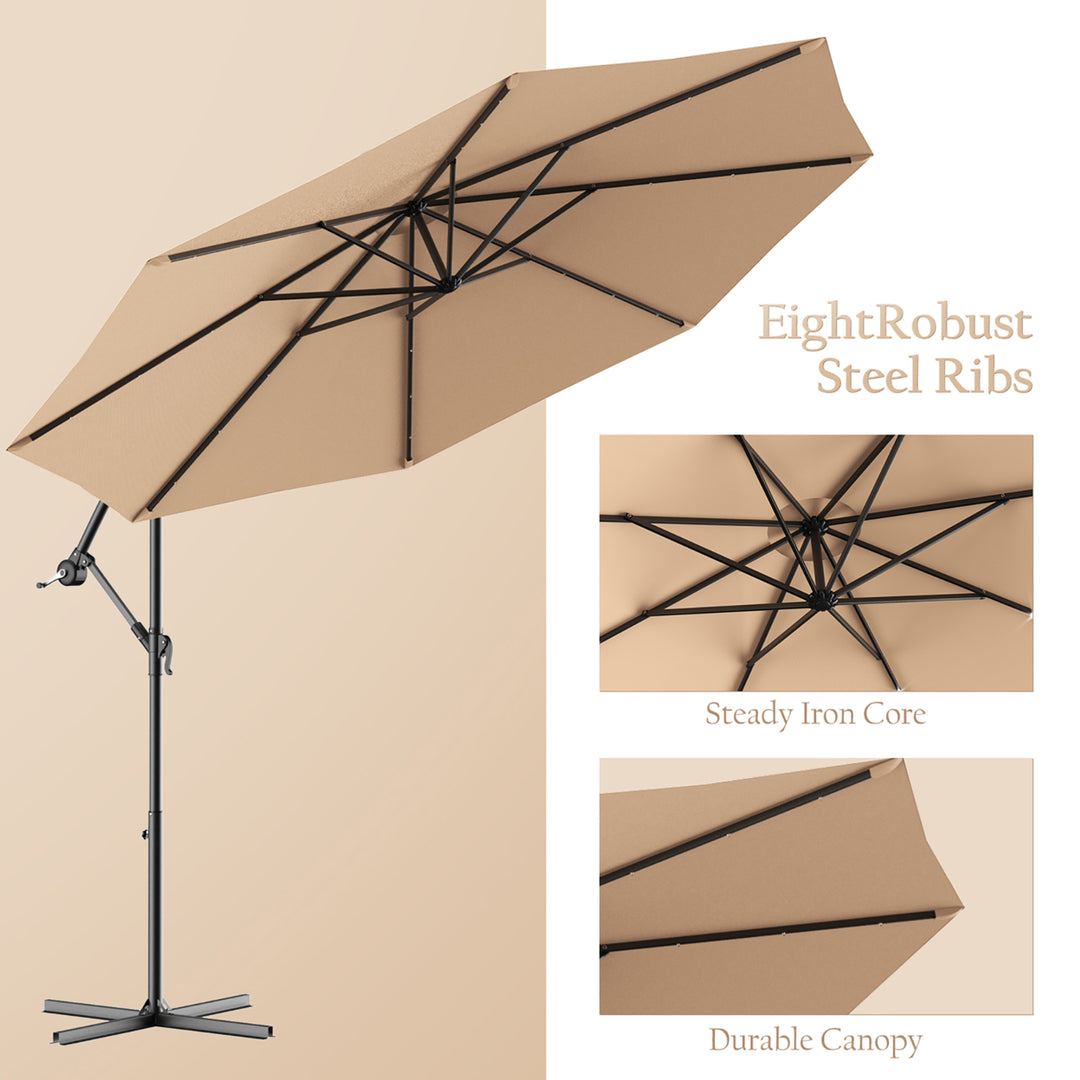 10 Hanging Solar LED Umbrella Patio Sun Shade Offset Market W/Base Beige Image 9