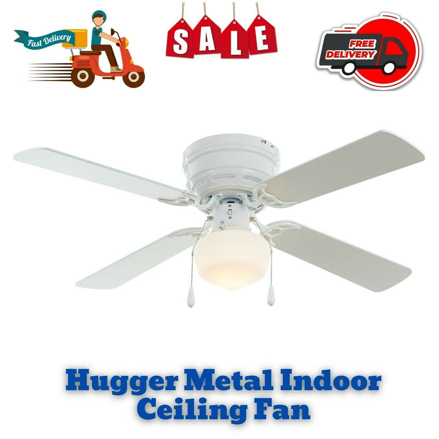 42" Hugger Metal Indoor Ceiling Fan with Single Light, White, 4 Blades, LED Bulb Image 1