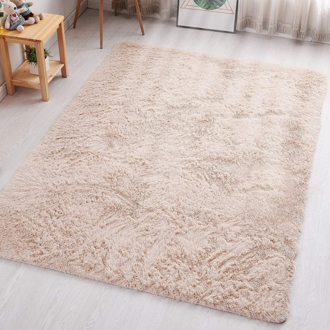 Beige Fluffy Shag Area Rug Image 1